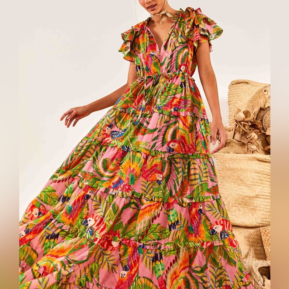 Macaw Leaves Flutter-Sleeve Tiered Maxi Dress